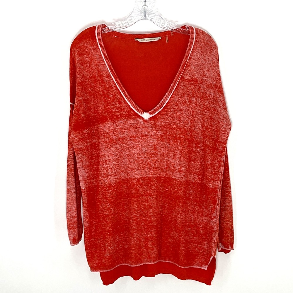 Soft Surroundings Sweater M Cotton Orange Burn Out Lightweight V-Neck Pullover